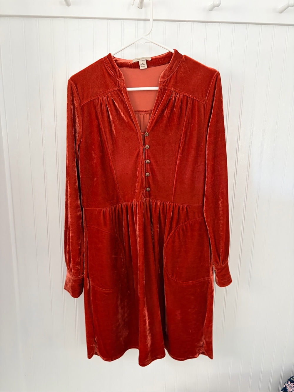 Cozy Casual Burnt Orange Velvet Long-Sleeve Button Dress